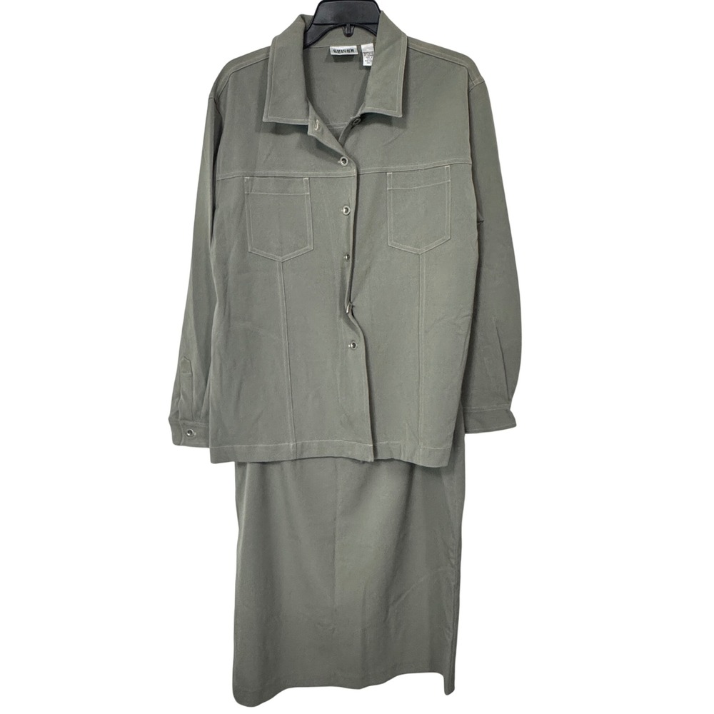 Chicos Design Olive Green Skirt Suit Set Blazer Top & Pencil Skirt Size 3 (XL)